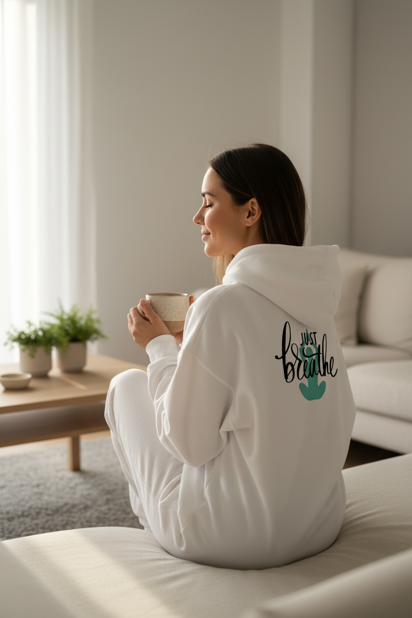 White mindfulness hoodie with “Just breathe” slogan and hand heart graphic on back