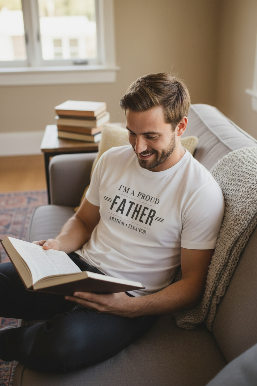 White dad T-shirt with 'I'M A PROUD FATHER' and child names print