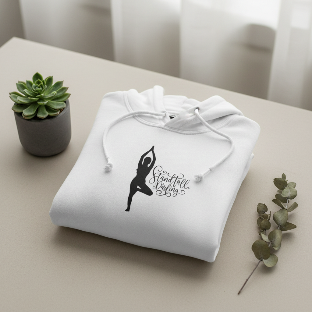 White pullover hoodie with drawstring hood and dancer silhouette inspirational graphic