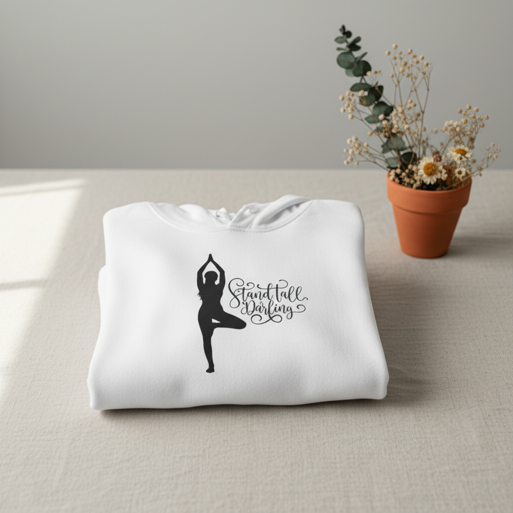 White hoodie folded, with hood and front yoga silhouette logo graphic.