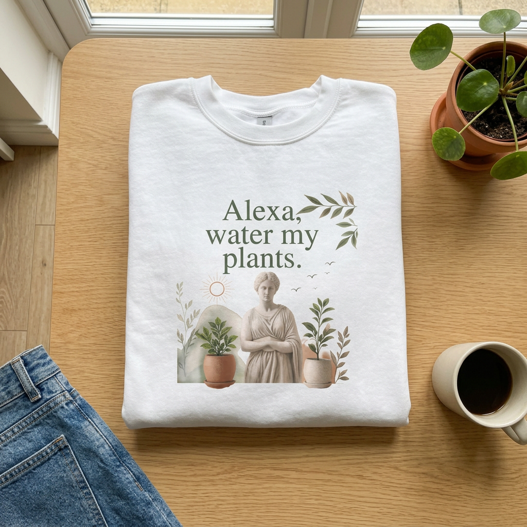 White crewneck sweatshirt flat lay with 'Alexa, water my plants' plant graphic