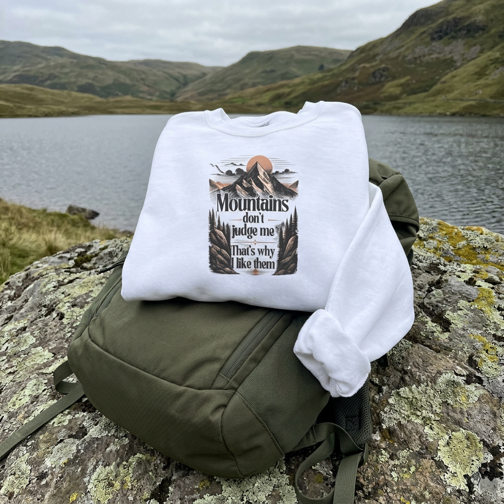 White sweatshirt with front mountain graphic and quote "Mountains don't judge me"