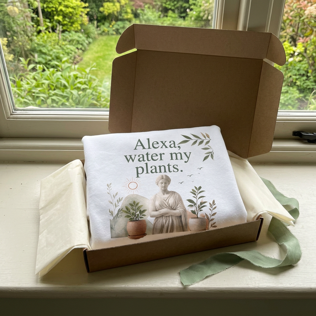 White sweatshirt in open shipping box, showing front plant-themed slogan graphic