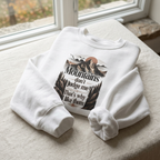 Cream sweatshirt with front mountain quote graphic, crewneck and long sleeves