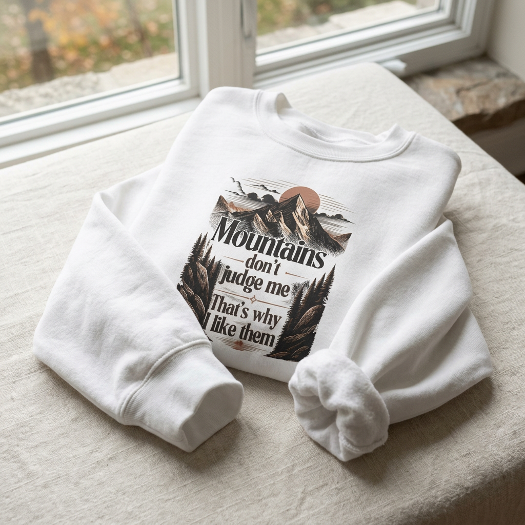 Cream sweatshirt with front mountain quote graphic, crewneck and long sleeves
