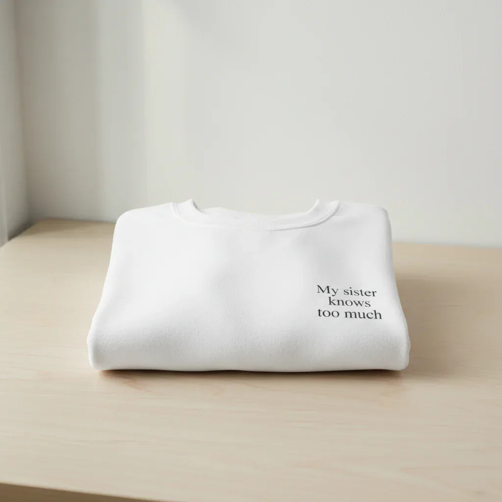 White crew-neck sweatshirt with “My sister knows too much” chest print