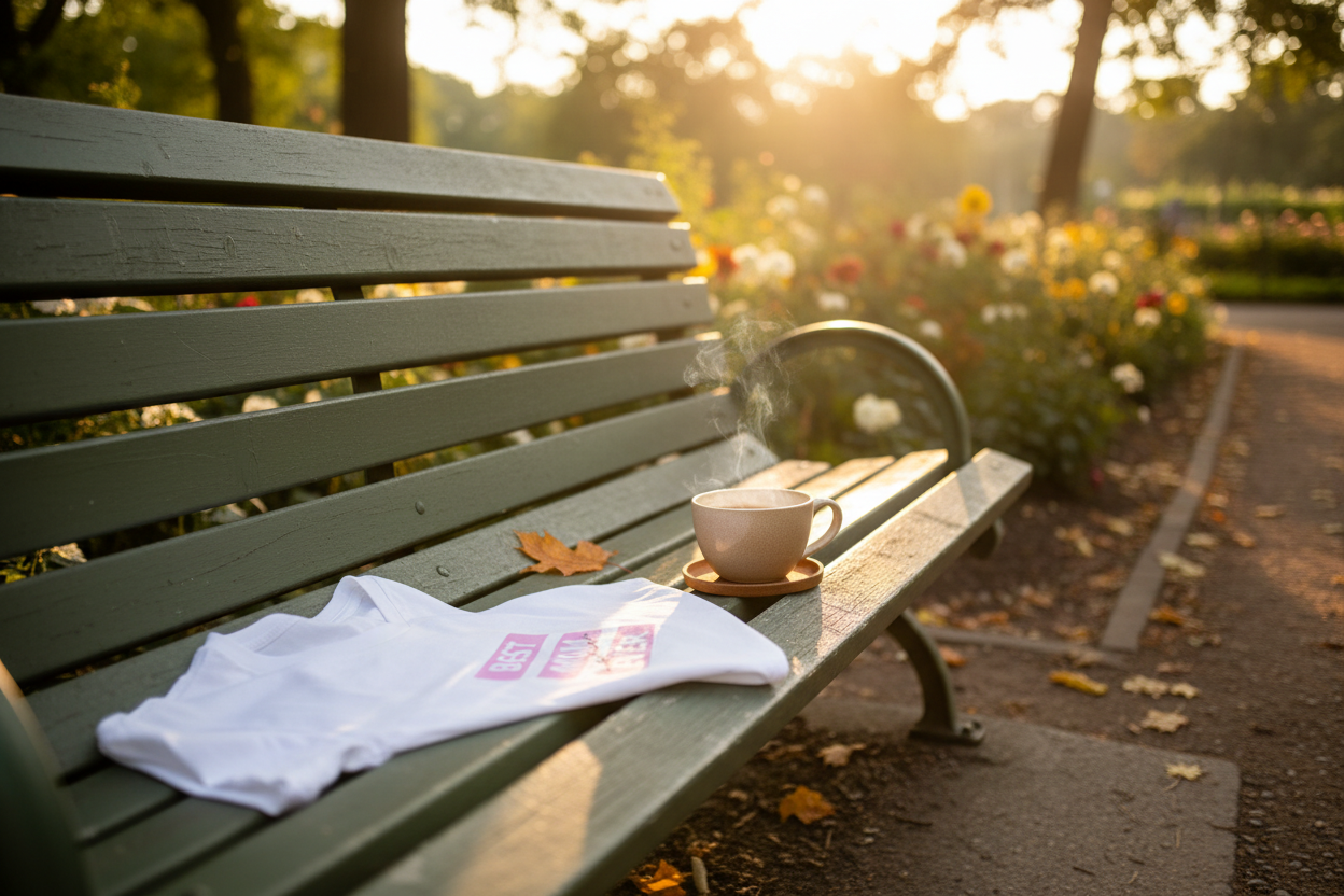 White T-Shirt on Bench with Coffee