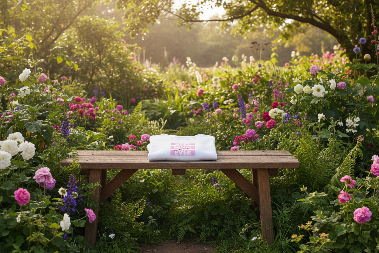 White T-Shirt on Garden Bench