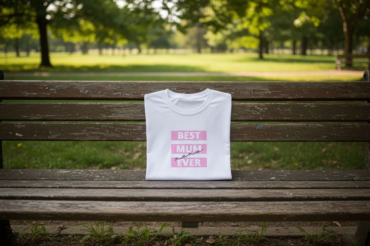 White T-Shirt on Rustic Bench