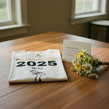 White t-shirt with card and flowers