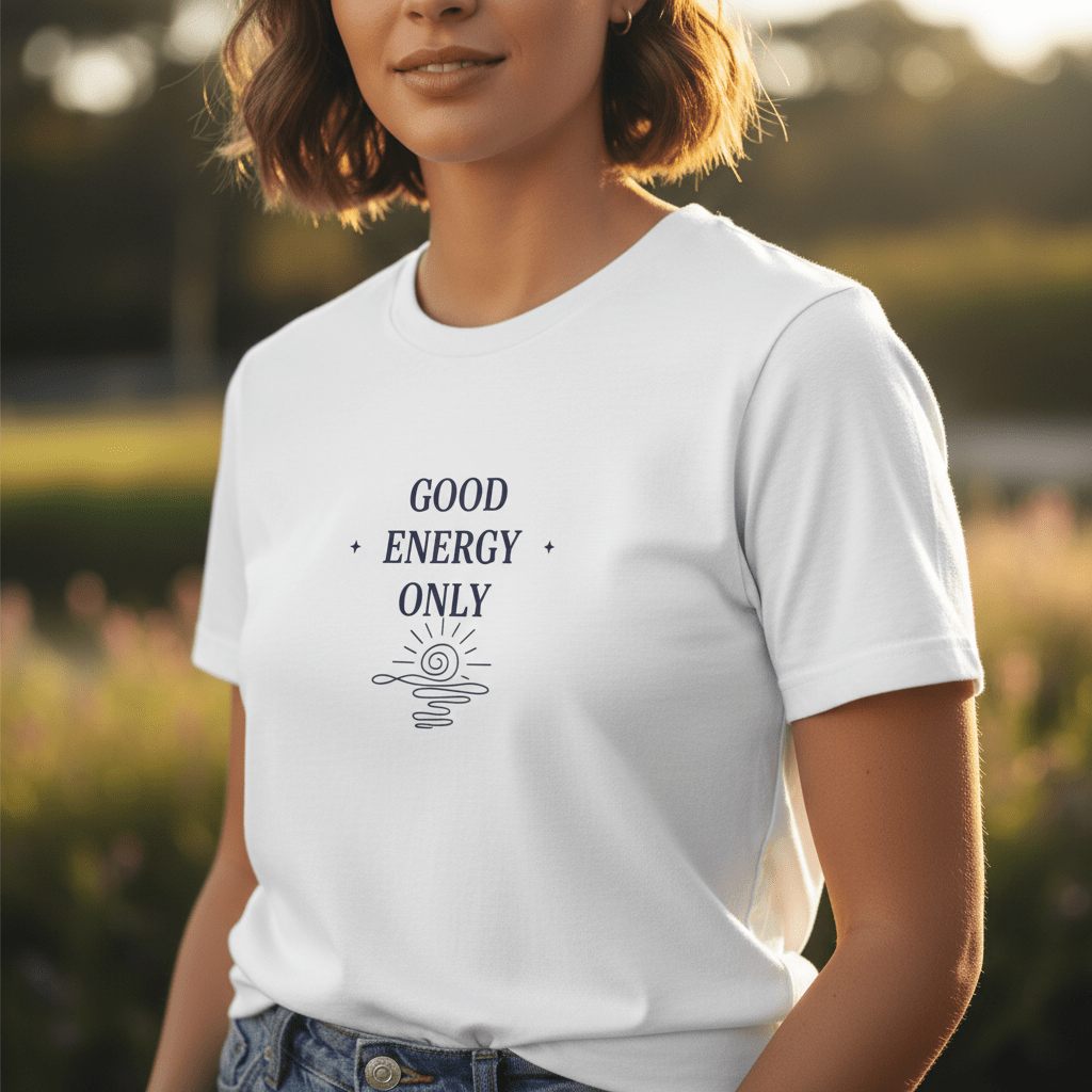 White crew-neck T-shirt with black “GOOD ENERGY ONLY” graphic on the chest
