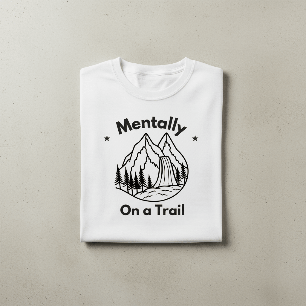 White custom T-shirt with mountain graphic and text "Mentally" and "On a Trail"