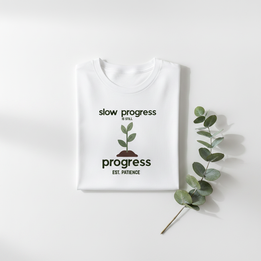 White motivational t-shirt with green plant and “slow progress” progress slogan print