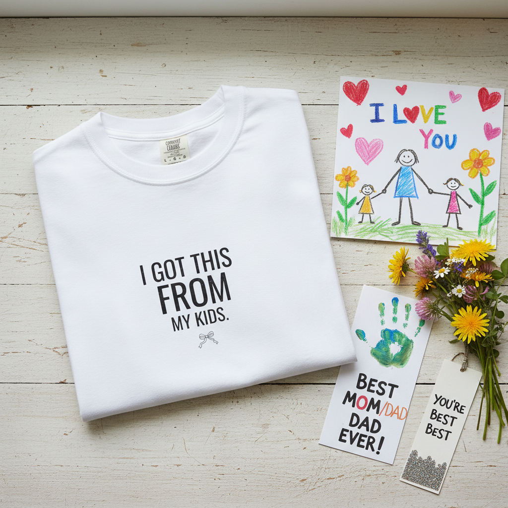 White crew-neck T-shirt with "I GOT THIS FROM MY KIDS" front print
