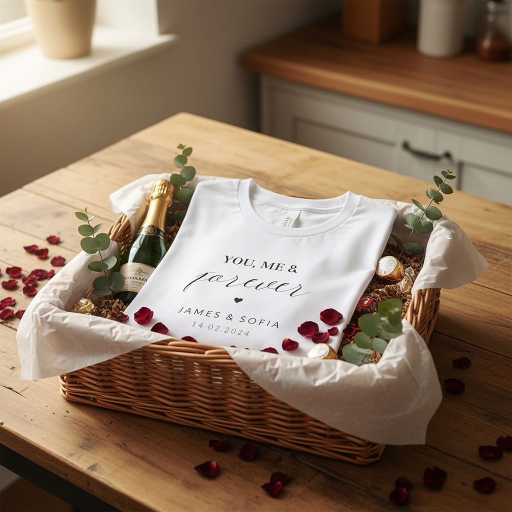 White tee in romantic gift hamper