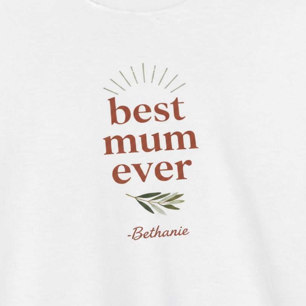 White T-shirt close-up: 'best mum ever' with leaf icon and '-Bethanie' text