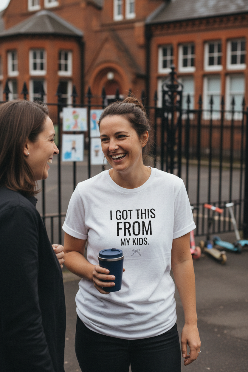White crew-neck T-shirt with "I GOT THIS FROM MY KIDS" text, worn by woman