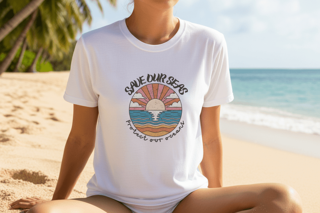 Save Our Seas T-Shirt | Retro Sunset Ocean Conservation Tee UK - AlleyCrafters