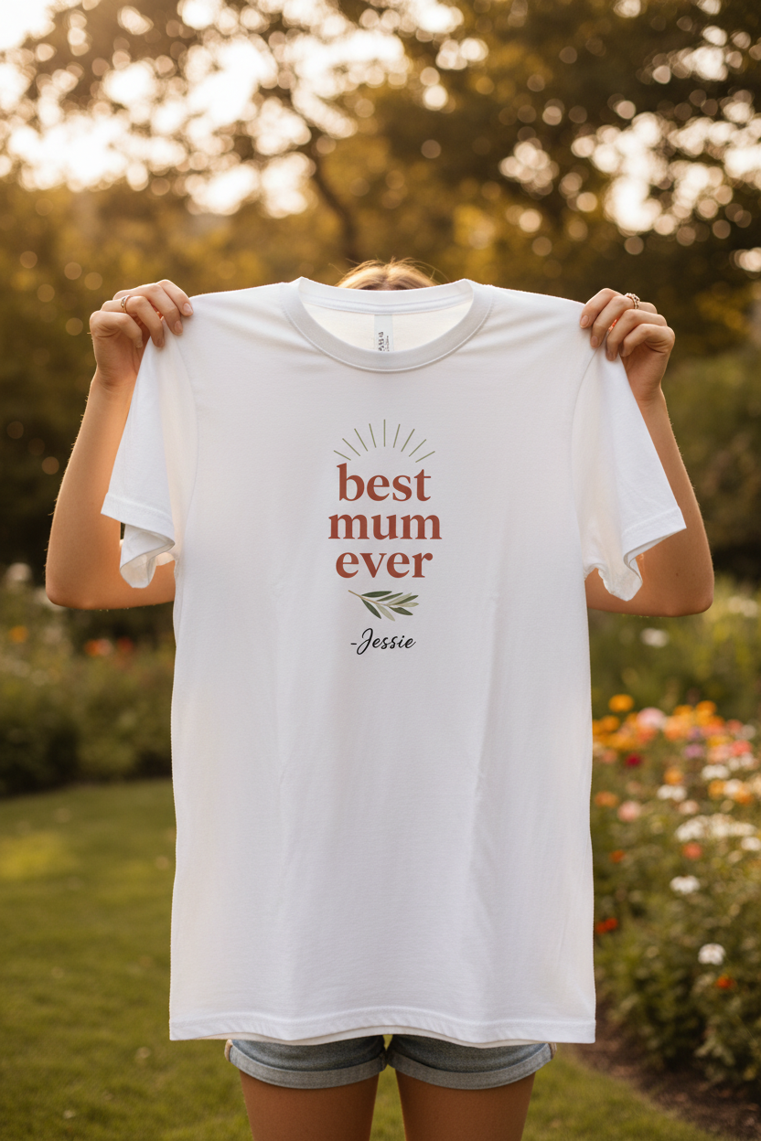 Personalised T-shirt, white, "best mum ever" text with "Jessie" and small flower
