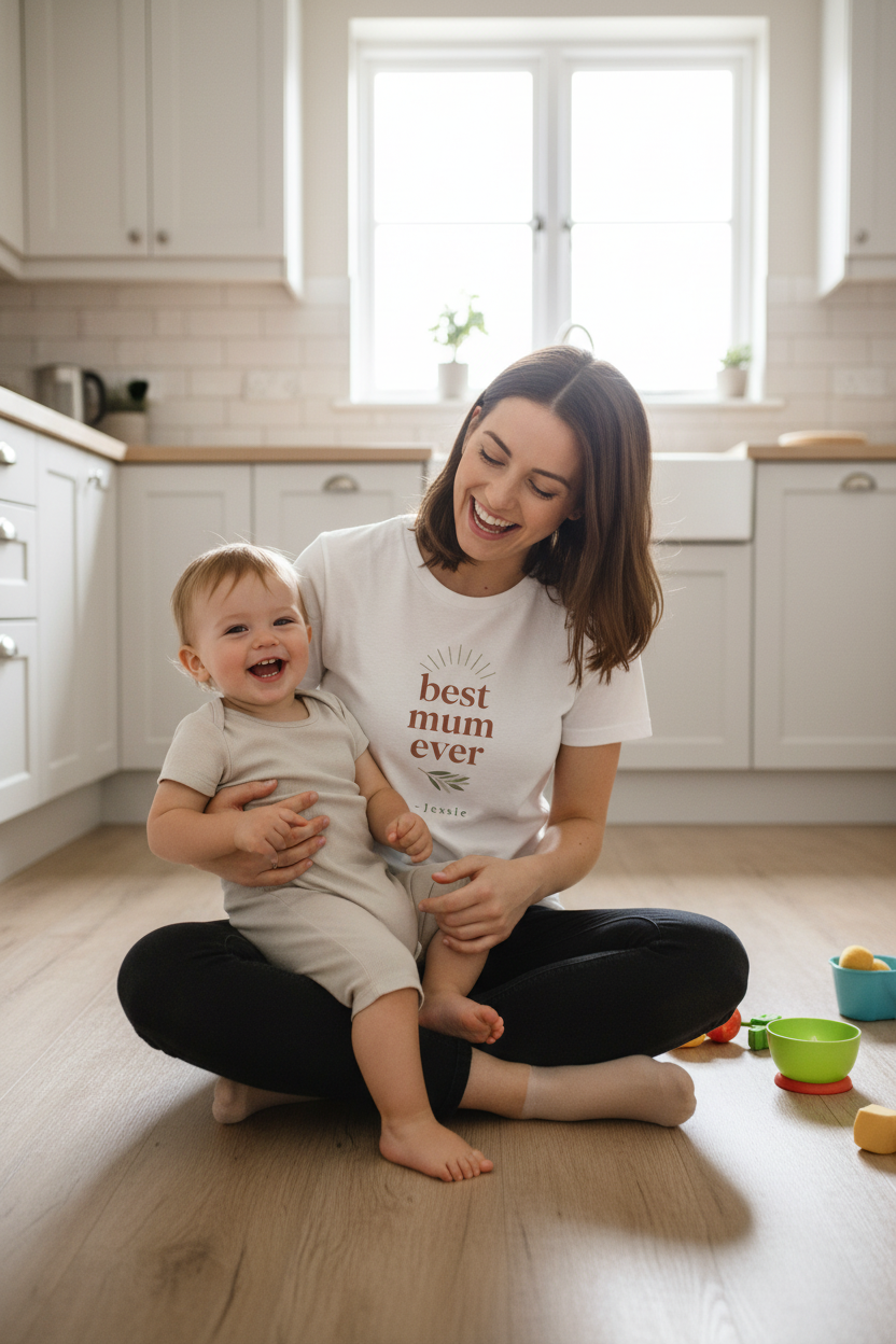 White personalised T-shirt with 'best mum ever' print on chest