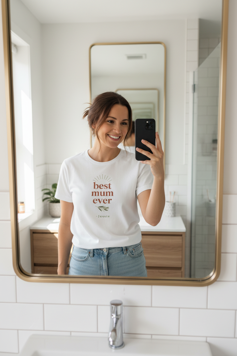 Personalised T-shirt, white, short sleeves with "best mum ever" and "Jessie"