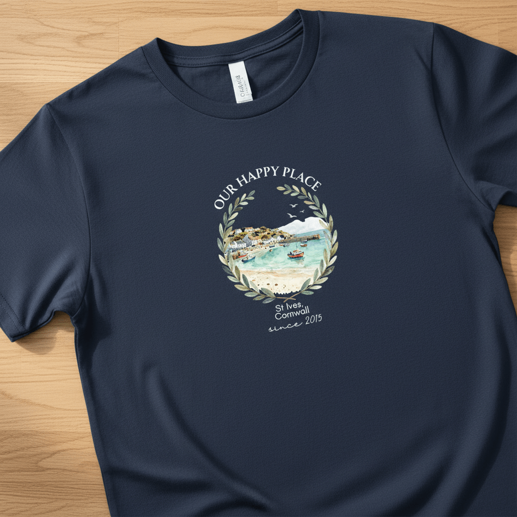 Navy T-shirt with “OUR HAPPY PLACE” scenic wreath graphic and “since 2015”