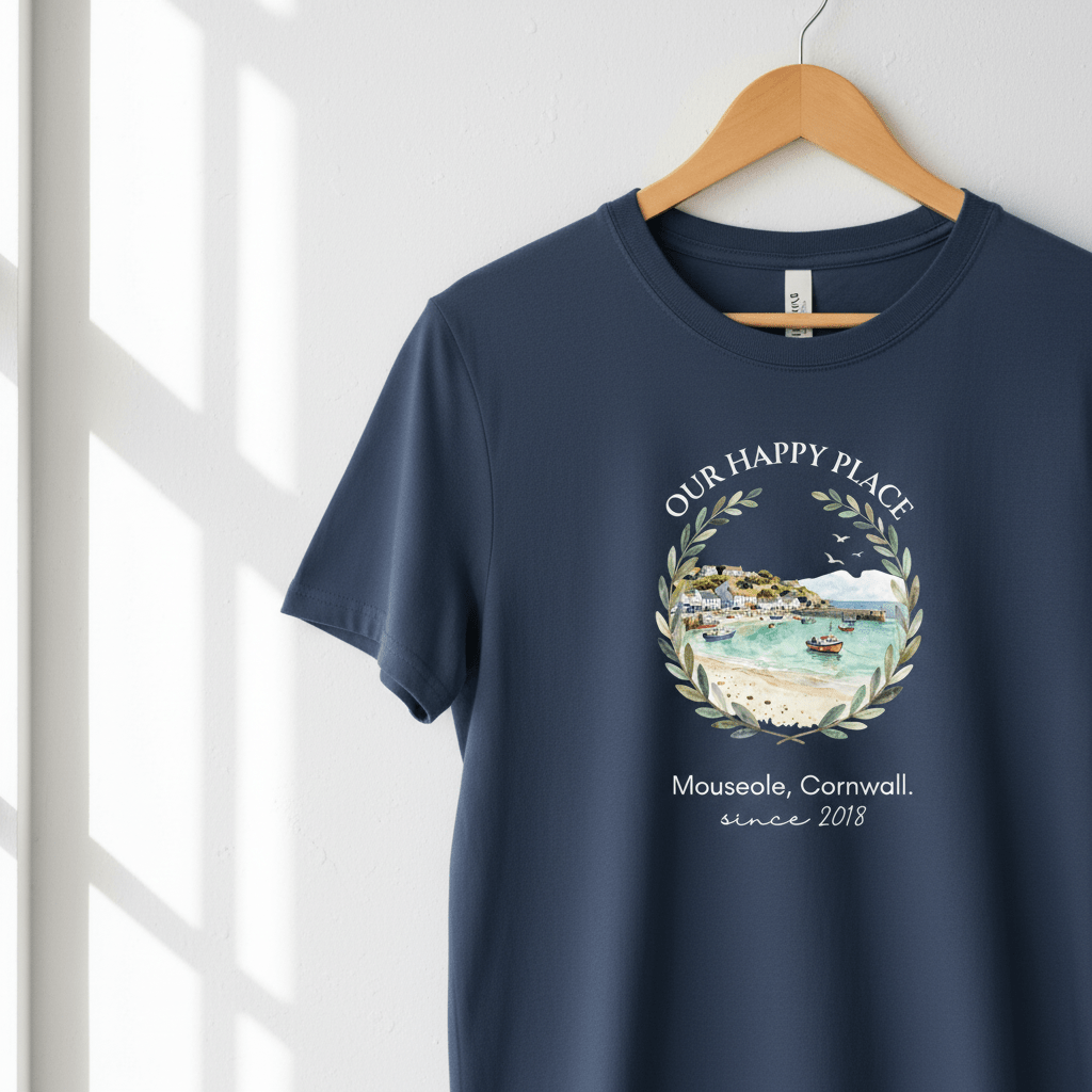 Navy T-shirt hanging, “OUR HAPPY PLACE” wreath print with seaside scene and “since 2018”