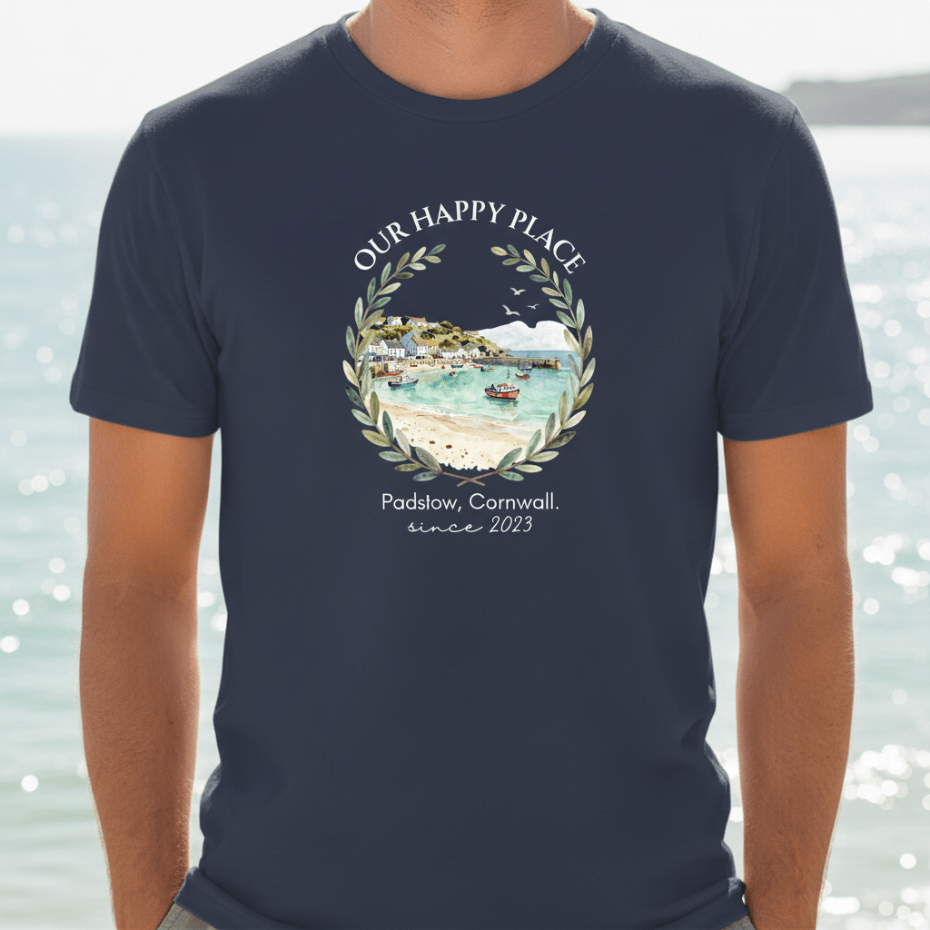Navy T-shirt on model, chest graphic wreath with seaside scene and “since 2023”