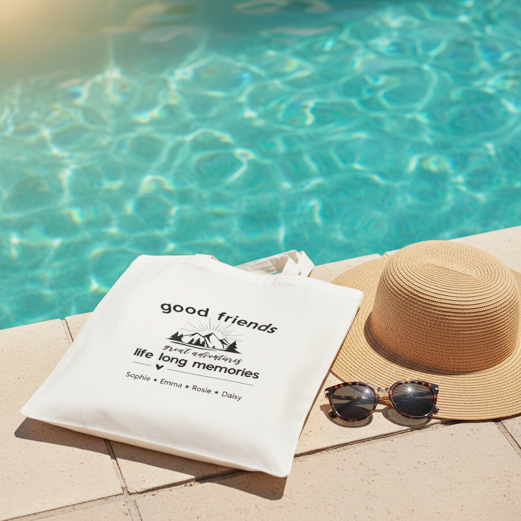 White tote by swimming pool