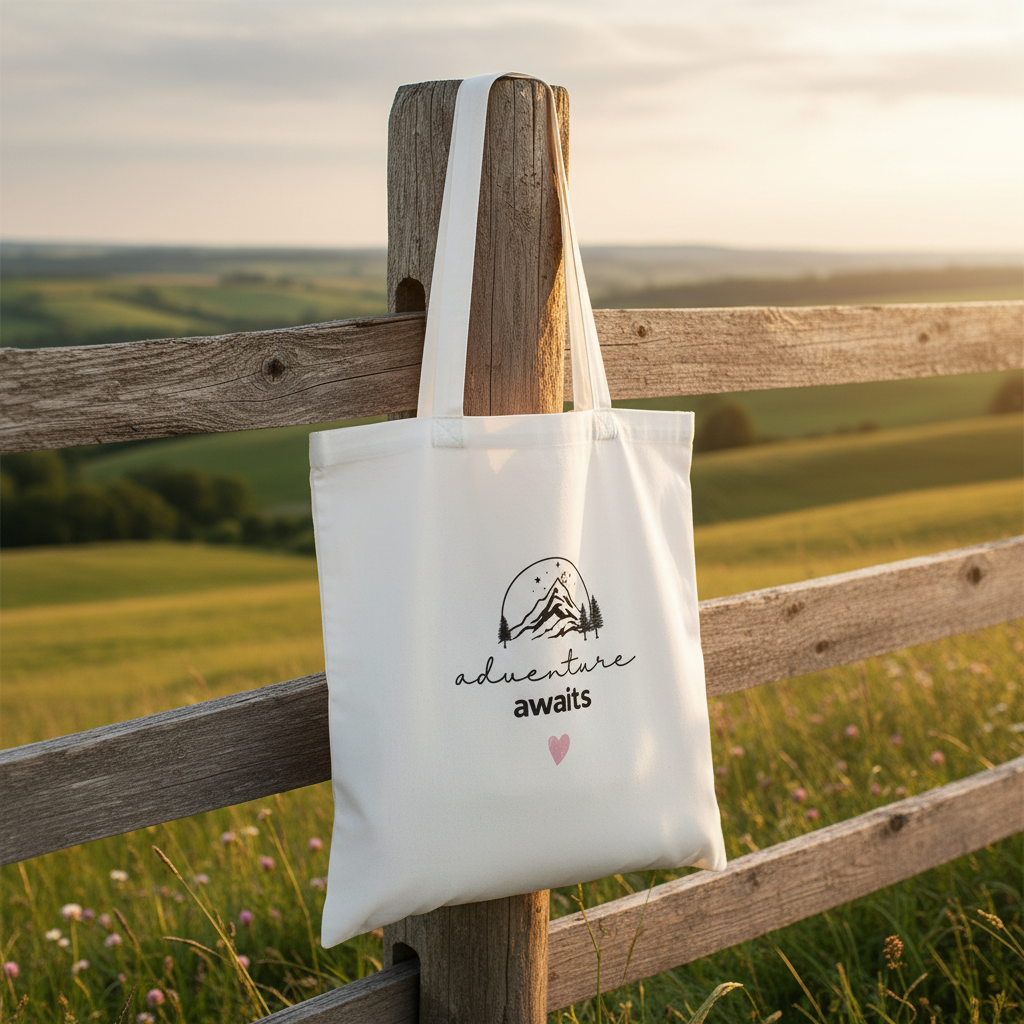 White cotton tote bag with mountain sketch and 'adventure awaits' text, pink heart