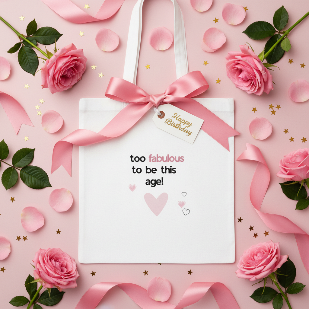 White tote flat lay - satin ribbon gift tag