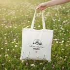 White cotton tote bag with top handles, mountain sketch 'adventure awaits' and pink heart