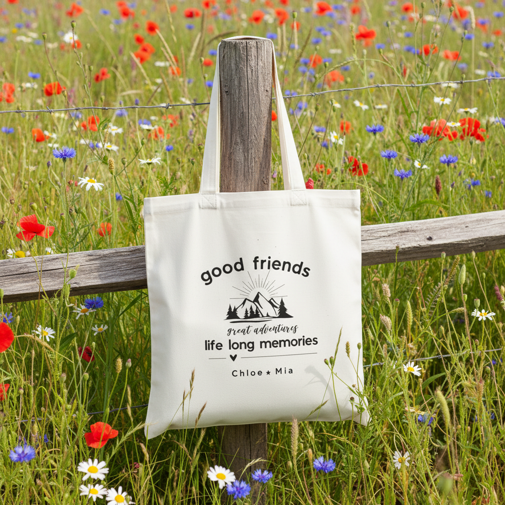 White tote hanging on meadow fence