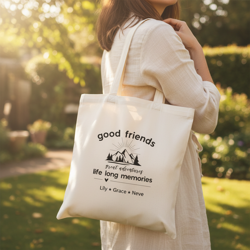 Cotton tote bag, white with 'good friends' logo and life long memories print