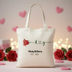 White tote bag with red rose and 'Kirsty & Garry' EST. 2024 text