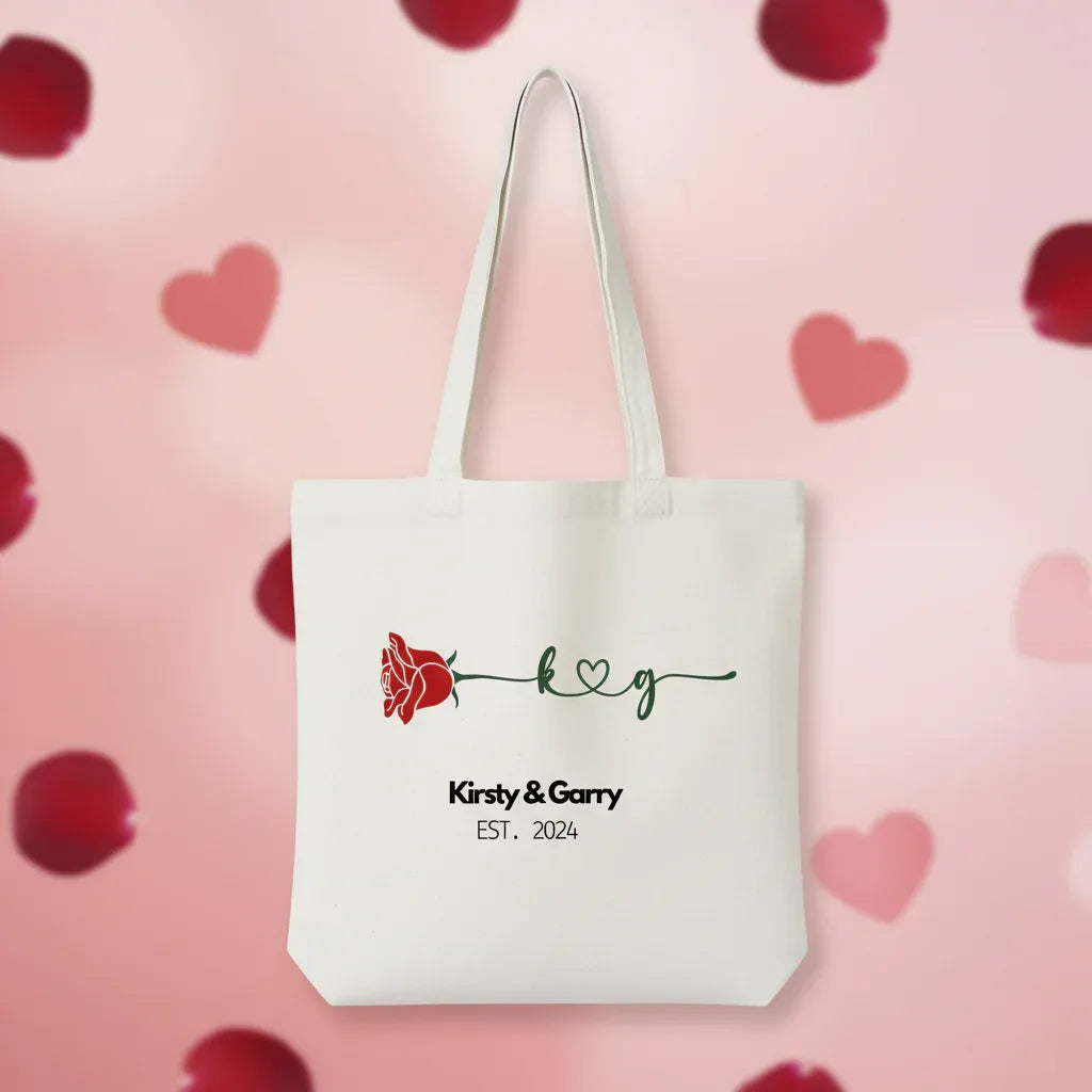 White tote bag with red rose and 'Kirsty & Garry' EST. 2024 print