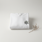 White graphic hoodie with hood and drawstrings, small chest logo