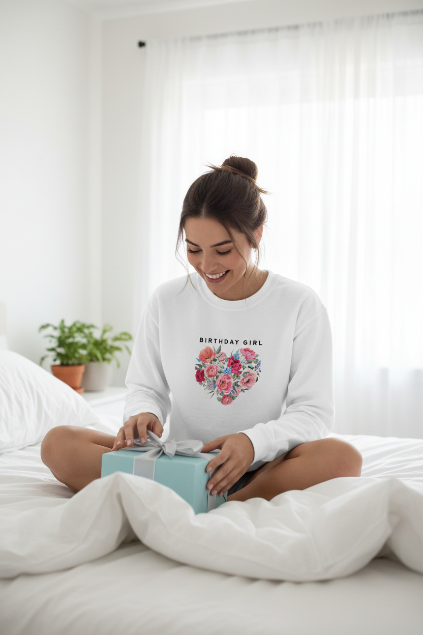 White sweatshirt with "BIRTHDAY GIRL" text and floral heart graphic
