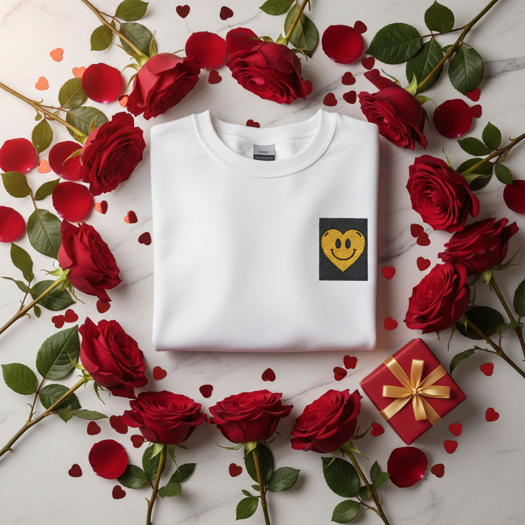 White sweatshirt with embroidered yellow smiley heart patch on the chest.