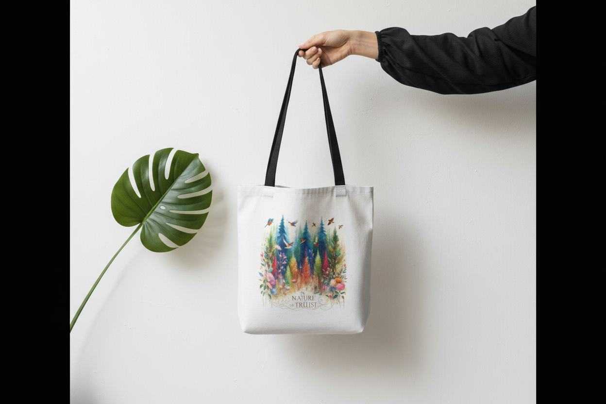 White canvas tote bag with forest scene print and top handles
