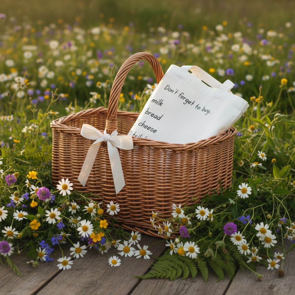 White tote bag in a wicker basket with 'to buy' checklist: milk, bread, cheese, snacks.