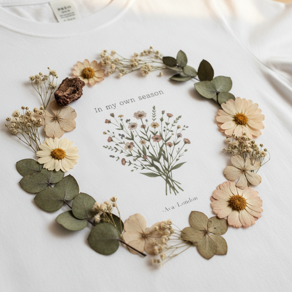 White crew-neck t-shirt with botanical wreath graphic and 'In my own season' text