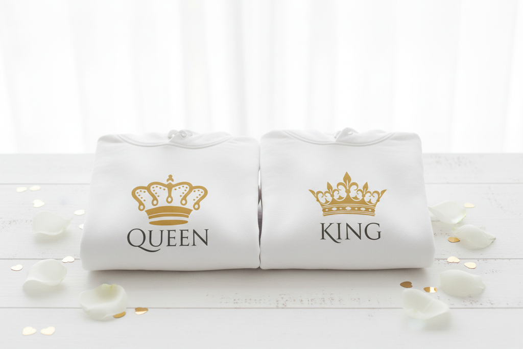 White hooded sweatshirt pair with QUEEN and KING crown logos, folded on a stone surface