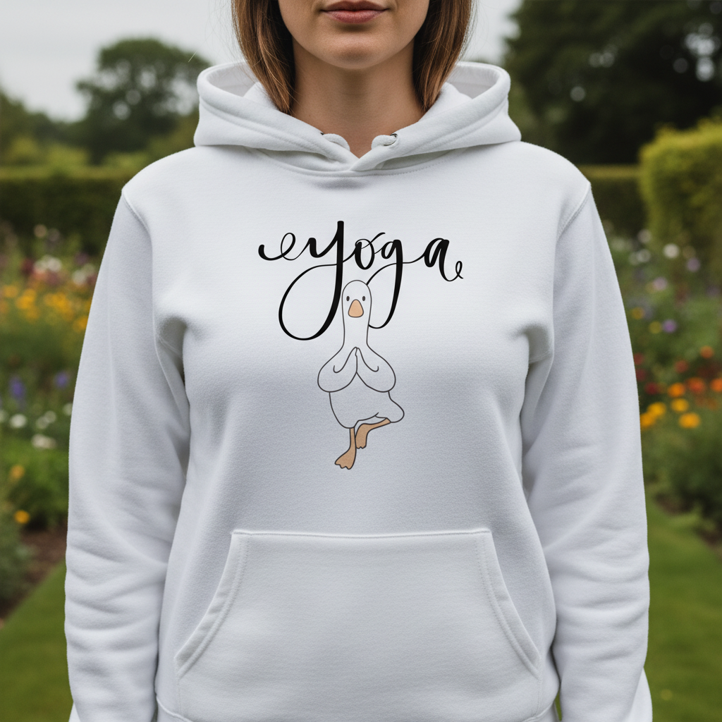White yoga hoodie with duck graphic, pullover hood and front kangaroo pocket