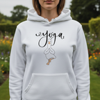 White yoga hoodie with duck graphic, pullover hood and front kangaroo pocket