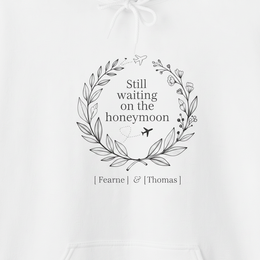 White personalized couples hoodie with centered wreath design and names printed on front