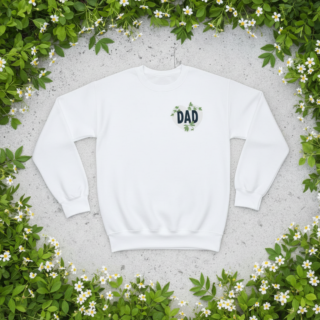Sweatshirt, white crewneck with DAD heart logo, laid flat