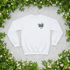 Sweatshirt, white crewneck with DAD heart logo, laid flat