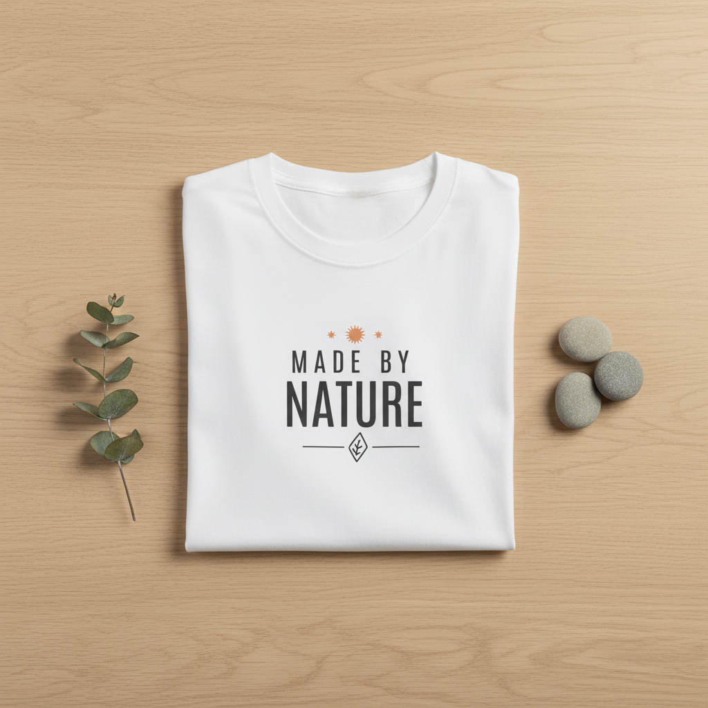 White crewneck t-shirt with "Made By Nature" eco graphic logo print