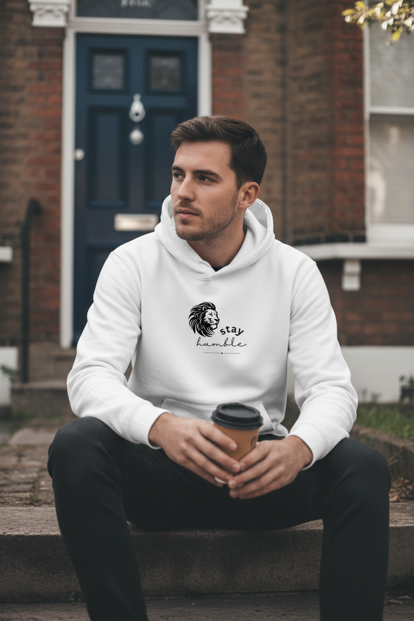 White hoodie with lion head and “stay humble” chest graphic and hood